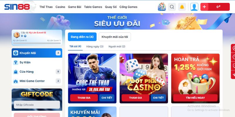 Tổng hợp tất cả chương trình khuyến mãi SIN88 nổi bật